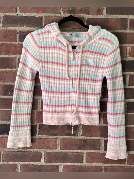 Sweaters - Yeshbounty Women’s Pink Striped Fuzzy Knit Zip Hoodie Sweater Cropped Size Small